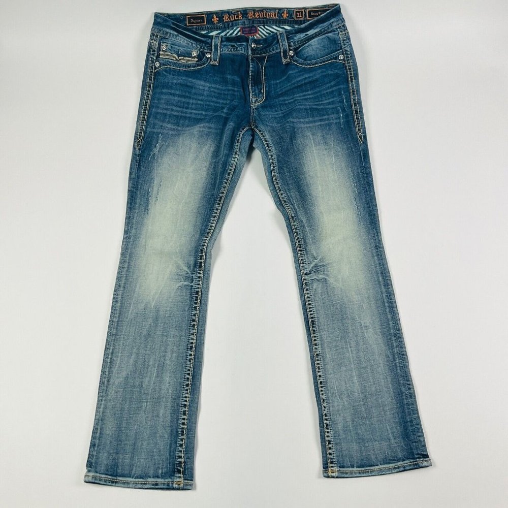 Rock Revival Sukara Easy Straight Womens Jeans Size Blue Wash Stretch Distressed